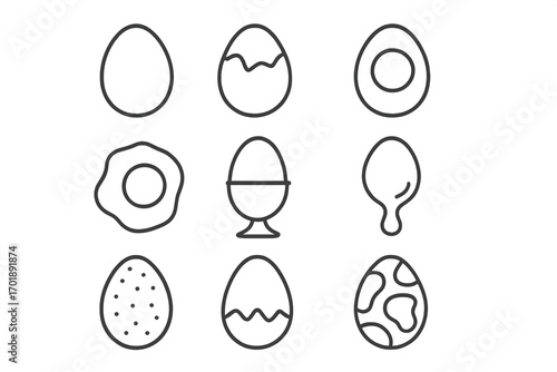 Egg icon set line art collection. Vector icons for fried, boiled, cracked, and Easter eggs. Minimalist food symbols for breakfast, cooking, menu, web, and app design.