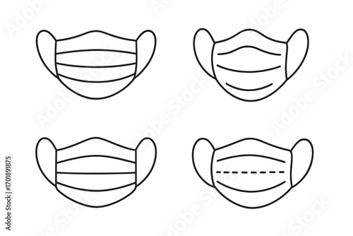 Medical face mask thin line icon set. Vector collection of surgical masks for health protection, safety, virus, pandemic, covid. Outline drawing for web, app, design.