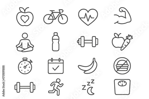 Healthy lifestyle and fitness thin line icon set. Health, sport, and diet outline icons. Wellness, nutrition, exercise, gym, workout, sleep, and weight loss vector symbols.