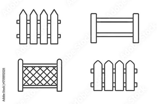 Fence line icon set. Collection of various fences such as picket, rail, and mesh barriers. Vector illustration for garden, farm, home boundary, park, and private property.