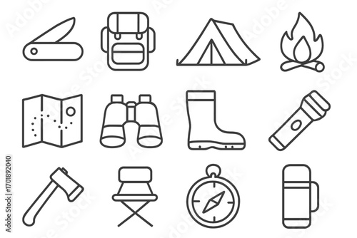 Camping gear line icon bundle. Outdoor travel and survival equipment outline pictograms. Vector illustration set with tent, backpack, campfire, compass, map, axe, knife.