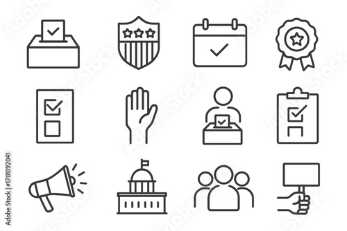 Politics and election vector line icon set. Thin line symbols for voting, campaign, government, and democracy. Includes ballot box, vote, poll, and patriotic elements.