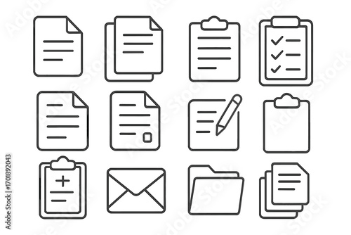 Document line icon set. Office, file, and report symbols. Clipboard, checklist, mail, folder for business. Thin outline vector pictogram collection for UI, UX, web design.