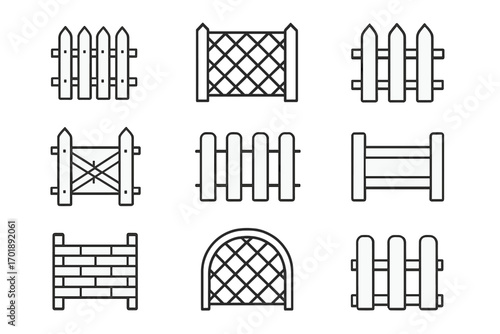 Fence icon set collection. Vector line art of various fences for garden, home, and property. Boundary, barrier, and enclosure symbols for web design and infographics.