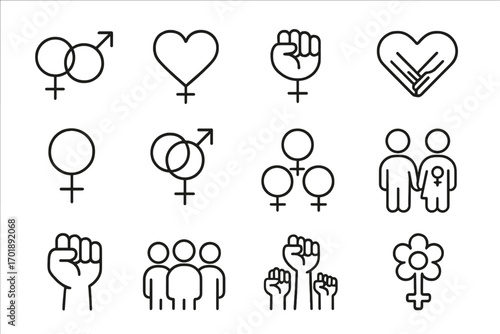 Vector line icon set of gender, feminism, and solidarity symbols. Female empowerment, equality protest, and love signs. Woman power, LGBTQ, and community concept icons.