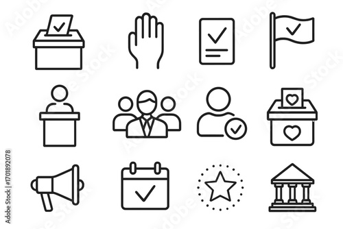 Vote and election thin line icon set. Politics and government symbols. Ballot box, polling, referendum, candidate, campaign, donation, and speaker outline vector icons.