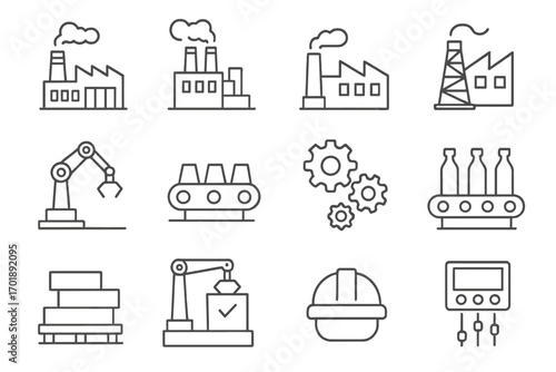 Factory and manufacturing line icon set. Industrial production, automation, and technology symbols. Vector collection for web and apps, including robotic arm, conveyor belt.