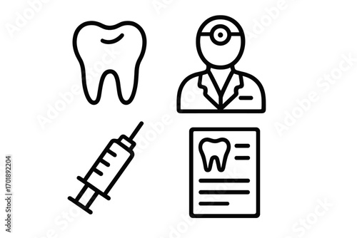 Dentist and dental care line icon set. Tooth, doctor, syringe, prescription vector symbols. Oral hygiene, stomatology, medicine, and healthcare concept illustration isolated.