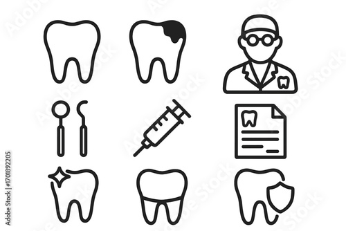 Dental care line icon set. Stomatology and orthodontics symbols for dentist clinic. Vector icons of tooth, caries, doctor, tools, syringe, prescription, insurance, clean tooth.