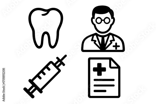 Dentist related symbol set with icons of tooth, doctor, syringe, prescription. Vector graphic for stomatology, dental care, oral hygiene, clinic, and medical treatment concepts.