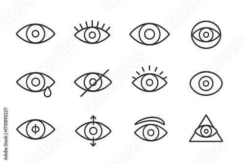 Eye line icon set. Vision, look, sight concepts. Outline vector signs for web design, apps. Includes sad crying tear, blind, all-seeing eye, finance, illuminati, masonic.
