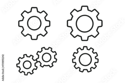 Gear and cogwheel thin line icon set. Editable stroke vector illustration. Concept of teamwork, settings, process, and mechanism. Industrial engineering and technology symbol.