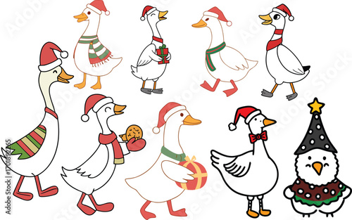 Cute cartoon geese wearing Santa hats and festive scarves and holding gifts goose Christmas