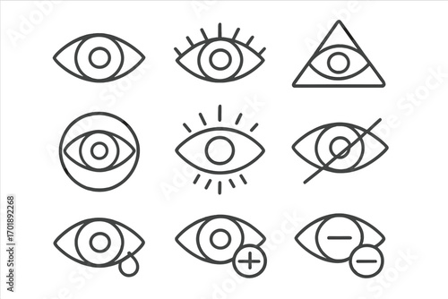 Eye line icon collection. Vision, sight, and ophthalmology symbols. Set of outline pictograms for web design, apps. Includes all-seeing eye, crying, blind, and vision correction.