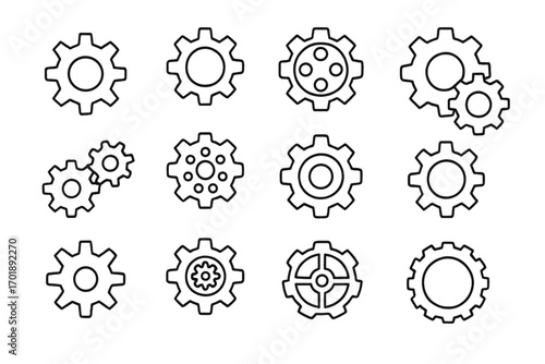 Gear and cogwheel line icon set. Collection of gears for settings, mechanism, and engineering concepts. Editable stroke vector for web, UI, and app design. Teamwork.