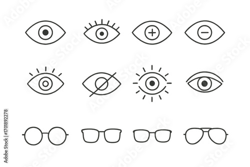 Eye and glasses line icon bundle. Vector outline signs for ophthalmology and optometry. Vision, eyesight, and eyewear symbols for graphic design, web, apps, and adverts.