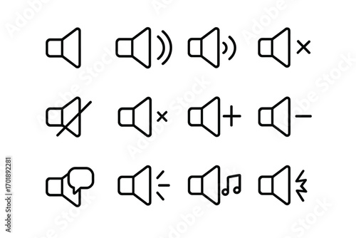 Speaker line icon set. UI elements for web and mobile. Loudspeaker, volume control, mute, sound on, off, and music player signs. Vector graphic symbols for app interface.