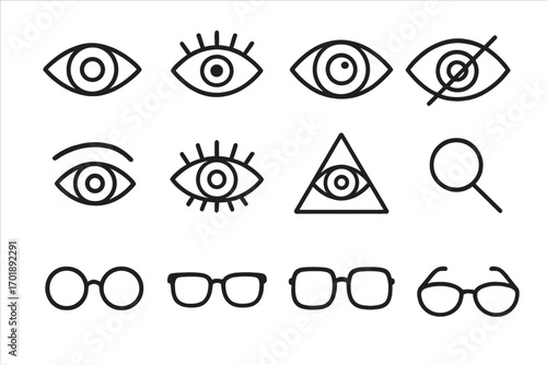 Eye icons set. Vision, see, look, watch concept. Glasses, specs. All-seeing eye, illuminati, masonic symbol. Magnifying glass, search, find. Blind, censored vector logo.