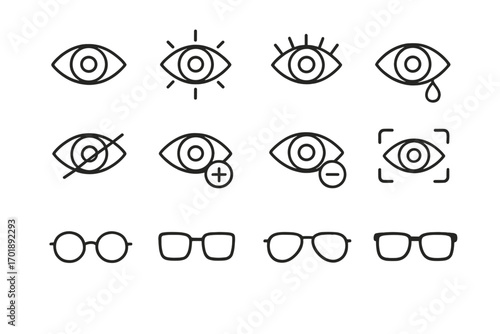 Eye and glasses line icon bundle. Outline signs for optometry and vision care. Concepts of sight, focus, zoom, blindness, and crying. Vector symbols for web and apps.