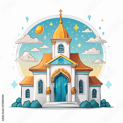 Pixel Art Church with Golden Dome and Blue Door Under Sunset Sky