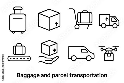 Baggage and parcel transportation line icon set. Logistics, shipping, and delivery symbols. Vector collection of luggage, box, truck, van, and drone delivery icons.