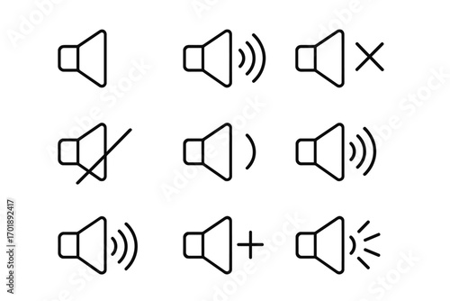 Loud speaker line icon bundle. Outline signs for graphic and web design. Volume up, down, mute symbols for apps. Audio control pictogram vector set. Megaphone alert signs.