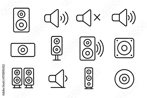 Loudspeaker line icon set. Audio speakers, sound system, and volume control symbols. Vector graphic elements for web, mobile app, UI, UX design and infographics.