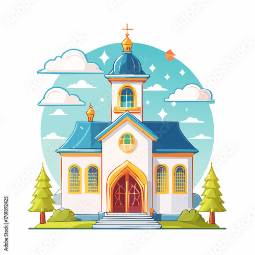 Pixel Art Church With Blue Roof And Green Trees