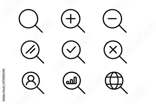 Magnifying glass icon set. Search, zoom in, zoom out, find user, data analysis, web search line icons. Vector symbols for UI, UX, web design, apps. Find, approve, deny.