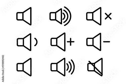 Speaker volume line icon set. Sound on, off, up, down and mute buttons. Loudspeaker outline symbol collection for web design, mobile app interface and advertisements.