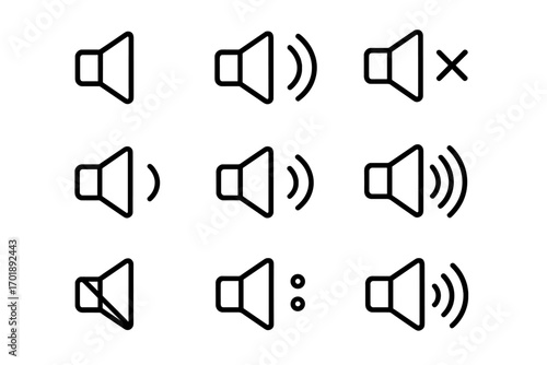 Speaker volume line icon set. Sound on, off, and mute button collection. Vector outline audio signs for web design, mobile apps, and user interface elements.