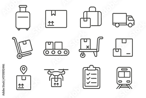 Logistics and delivery service icon set. Shipping, transportation, and parcel icons. Freight, cargo, and supply chain vector symbols. Editable stroke for web and apps.