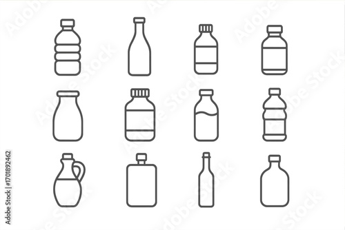 Bottle line icon set. Editable stroke. Vector container symbols for water, milk, juice, medicine, pills, drinks. Plastic, glass package outline pictograms for web design.
