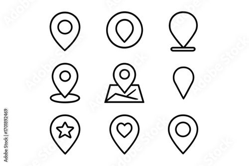 Map pin line icon set. Location pointer marker symbol for navigation and destination. GPS sign collection for web design, apps, UI UX. Outline vector graphic with heart and star.