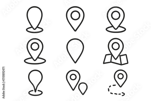 Map pin line icon set. Location marker collection for navigation and GPS. Simple outline pointers for destination, route, and address. Vector symbols for web, app, UI, UX design.