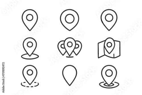 Map pin line icon set bundle. Location marker and GPS navigation symbols. Pointer for destination, address, and route. Outline vector signs for graphic web design and apps.