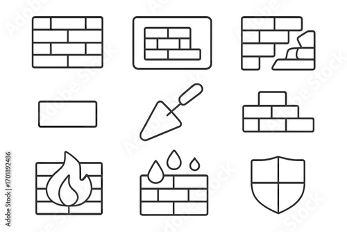 Brick wall line icon set. Construction and building concepts. Masonry, trowel, broken wall, firewall, waterproof, and protection shield symbols. Editable stroke vector icons.