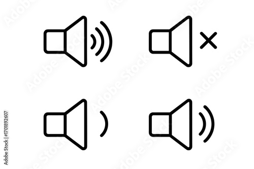 Speaker volume control icon set. Modern outline style sound on, off, mute and audio level symbols for UI design, apps, websites. Audio player interface graphic elements.
