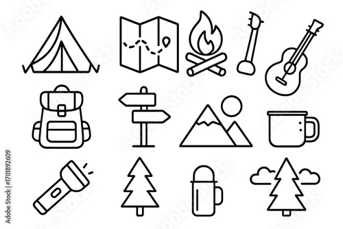 Camping and hiking outline icon set. Outdoor adventure & travel line art symbols. Vector collection with tent, campfire, map, backpack, mountains for web design & apps.