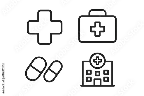 Medical and healthcare outline icon set. Vector symbols of hospital, first aid kit, pills, and cross. Simple line art for web, infographics, and emergency concepts.