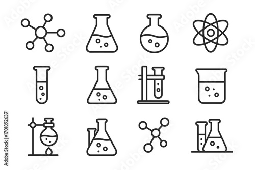 Chemistry line icon set. Science and education symbols. Laboratory glassware, molecule, atom. Vector pictograms for web, apps. Minimal linear scientific experiment icons.