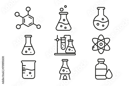 Chemistry science line icon set. Vector collection of laboratory symbols for research and experiment. Outline icons of atom, molecule, flask, beaker, chemical compound for web.