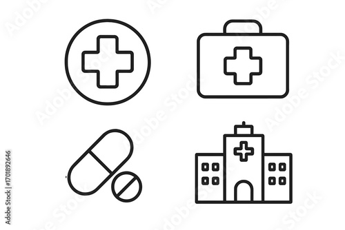 Medical and healthcare outline icon set. Hospital, first aid kit, pills, and cross symbol. Vector collection for medicine, pharmacy, and emergency services. Editable stroke.
