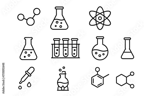 Chemistry line icon pack. Science and laboratory research symbols. Vector collection of atom, molecule, flask, test tube for web, apps. Outline lab equipment illustration.