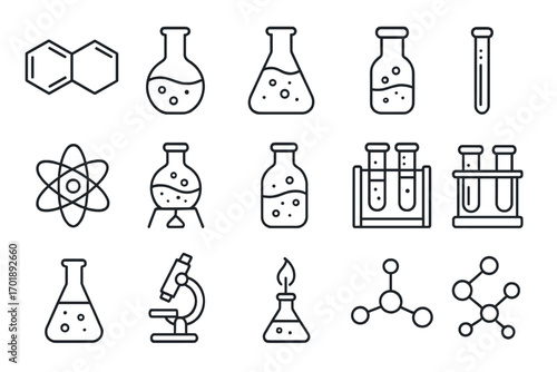 Science and chemistry laboratory thin line icon set. Vector pictograms of lab equipment, experiment, research. Atom, molecule, microscope, flask, test tube for web design.