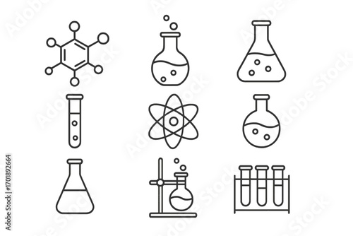 Chemistry line icon set. Science and laboratory research concept. Vector collection of thin line symbols for lab experiment, chemical compound, molecule, atom, flask, test tube.