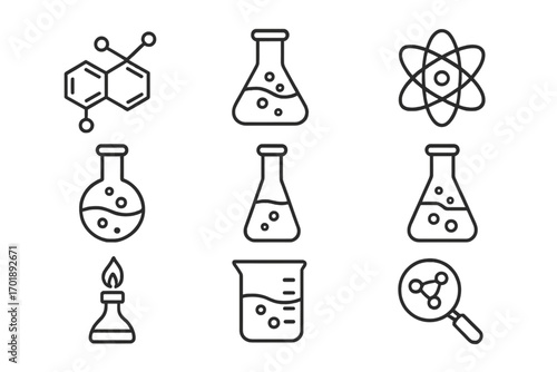 Chemistry line icon pack. Science lab symbols. Chemical research, experiment, education. Vector outline icons. Atom, molecule, flask, beaker, burner, scientific equipment.