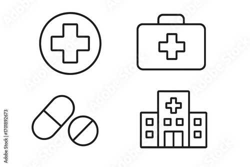 Medical and healthcare outline icon set. Includes hospital building, first aid kit, pills and cross symbol. For medicine, pharmacy, emergency and treatment concepts. Vector.