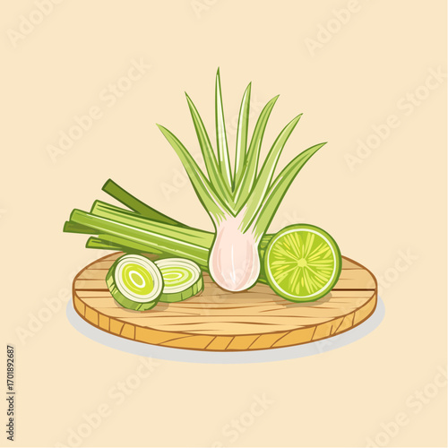 Pixel Art Lemongrass Lime and Galangal on Wooden Board