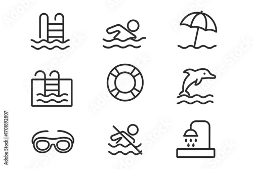 Swimming pool icon collection. Line icons set for summer vacation, water sports, and safety. Vector linear pictograms for web design, apps. Swim, recreation, and leisure concept.